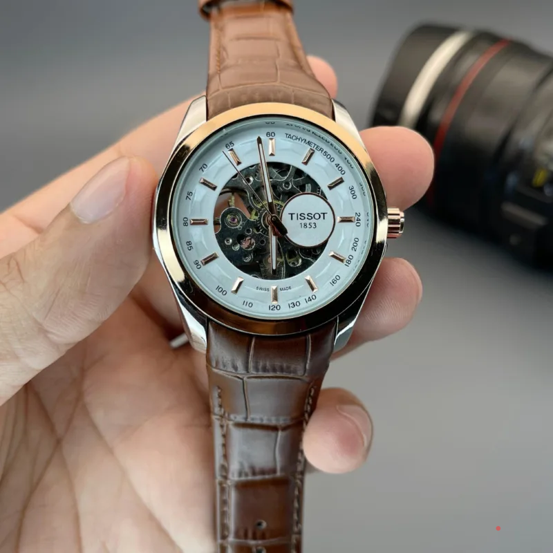 Automatic Skeleton Men’s Watch – White Dial with Gold-Tone Case & Black Leather Strap