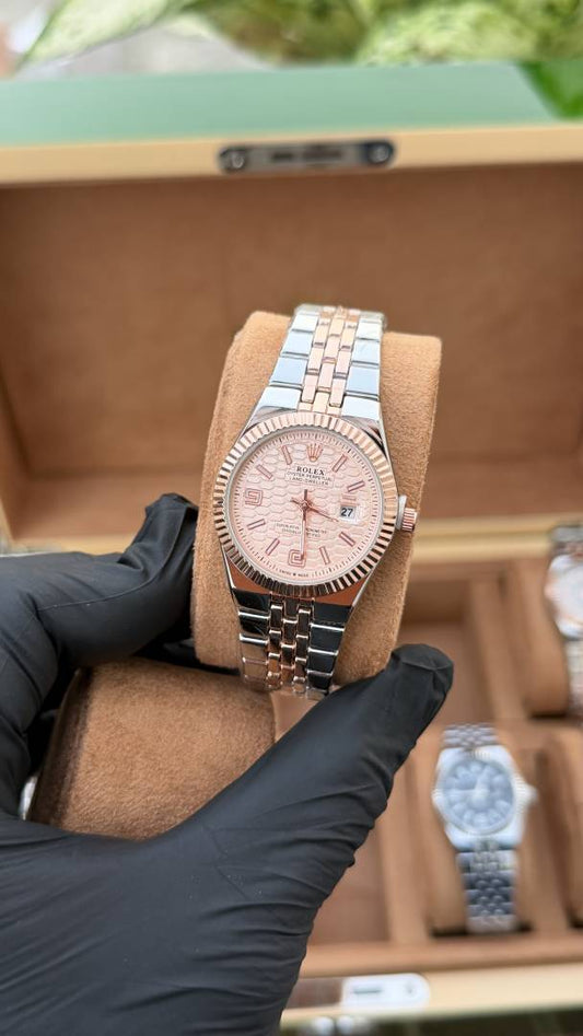 Luxury Date Display Men’s Watch – Rose Gold Dial with Two-Tone Metal Bracelet